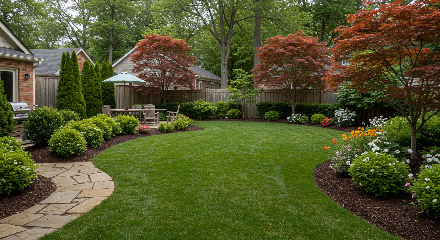 Backyard garden with lush green lawn, stone path, red-leafed trees, colorful flowers, and a shaded patio set.