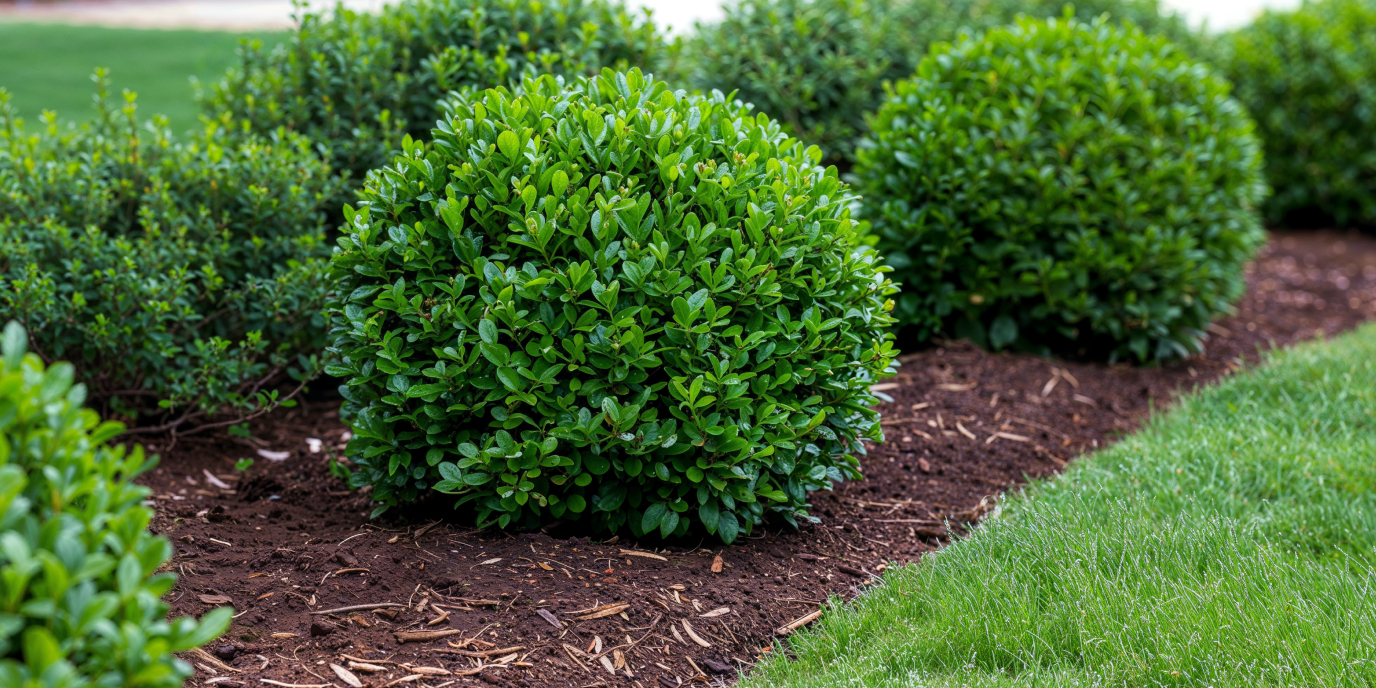 Freshly mulched shrub bed beside a healthy lawn, an example of the landscaping proper drainage helps protect.